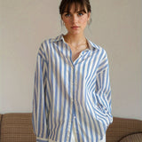 Striped Button Front Shirt, Elegant Long Sleeve Lapel Shirt, Women's Clothing