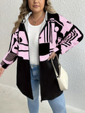 Plus Size Casual Coat, Women's Plus Colorblock Geometric Print Long Sleeve Hooded Zipper Coat