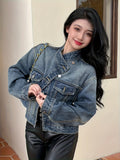 Long Sleeves Lapel Denim Coat, Flap Pockets Single Breasted Button Versatile Denim Jacket, Women's Denim Clothing