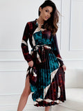 Pleated Abstract Print Dress, Casual Button Front Long Sleeve Dress, Women's Clothing