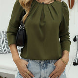 Solid Crew Neck Ruched Blouse, Elegant Long Sleeve Blouse For Spring & Fall, Women's Clothing