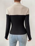 Ribbed Colorblock Mock Neck T-Shirt, Casual Long Sleeve Top For Spring & Fall, Women's Clothing