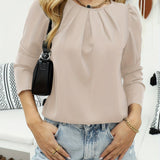 Solid Crew Neck Ruched Blouse, Elegant Long Sleeve Blouse For Spring & Fall, Women's Clothing