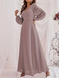 Solid Contrast Lace Dress, Elegant V Neck Long Sleeve Maxi Dress, Women's Clothing