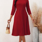 Solid 3/4 Sleeve Dress, Elegant Crew Neck Simple Versatile Dress, Women's Clothing