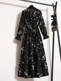 deanwangkt-1  Floral Print Ruffle Trim Dress, Elegant Stand Collar Long Sleeve Maxi Dress, Women's Clothing