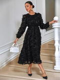 Fuzzy Solid Dress, Elegant Crew Neck Long Sleeve High Waist Dress, Women's Clothing