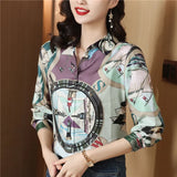 Printed Women Designer Lapel Shirts Silk Black Long Sleeve Elegant Fit Shirt Office Ladies Button Front Casual Satin Blouses Spring Fall Chic Slim Runway Tops