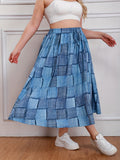 Plus Size Casual Skirt, Women's Plus Colorblock Denim Print Drawstring Elastic High Rise Slight Stretch Smock Maxi Skirt