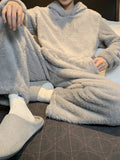 Men's Simple Style Solid Casual Pajamas Sets, Warm Flannel Lounge Wear, Long Sleeve Hoodies Pullover Top & Loose Pants