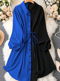 Plus Size Casual Blouse, Women's Plus Colorblock Long Sleeve Button Up Lapel Collar Shirt Longline Top With Belt