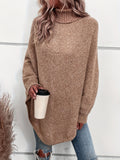 deanwangkt Solid Turtle Neck Pullover Sweater, Casual Batwing Sleeve Asymmetrical Hem Sweater, Women's Clothing