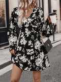 Floral Print Mini Dress, Elegant V Neck Flared Sleeve Dress, Women's Clothing