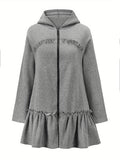 Flared Ruffle Trim Hoodies, Casual Zip Up Long Sleeve Solid Sweatshirt, Women's Clothing