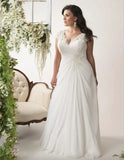 V-neck Cap Sleeves Plus Size Wedding Dresses Chiffon Appliqued Lace Open Back Drape Side Ruched Bodice Bridal Gown