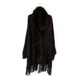 Solid Color Faux Fur Thick Shawl Wrap With Sleeves Elegant Loose Large Tassel Cardigan Autumn Winter Stylish Ladies Cloak