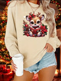 Women's Cozy Christmas Reindeer Sweatshirt - Casual Crew Neck, Long Sleeve Pullover with Festive Print, Machine Washable Polyester Knit Fabric