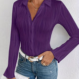 Solid Button Front Shirt, Casual Long Sleeve Shirt For Spring & Fall, Women's Clothing