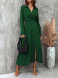 Split Solid Midi Dress, Elegant V Neck Long Sleeve Dress, Women's Clothing