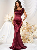 Elegant All-Season Solid Color Bodycon Mermaid Dress - Extra-Long with Chic Bow & Square Neck, Perfect for Parties and Banquets