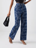 Leaf Print Chic Straight Jeans, Loose Fit Non-Stretch High Waist Denim Pants, Women's Denim Jeans & Clothing