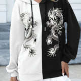 deanwangkt-1  Dragon Print Two-tone Hoodie, Casual Long Sleeve Drawstring Hoodies Sweatshirt, Women's Clothing