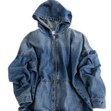 Long Sleeves Hooded Denim Jacket, Full Zipper With Front Pocket Denim Coat, Women's Clothing