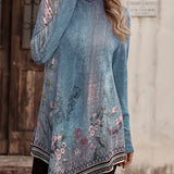 Floral Print Turtleneck T-Shirt, Casual Long Sleeve Top For Spring & Fall, Women's Clothing