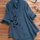 Plus Size Casual Shirt, Women's Plus Butterfly Print Roll Up Sleeve Stand Collar Button Up Blouse