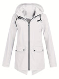 Solid Zip Up Drawstring Trench Coat, Casual Long Sleeve Hooded Jacket, Women's Clothing