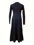 Ribbed Solid Midi Dress, Elegant Crew Neck Long Sleeve Dress, Women's Clothing