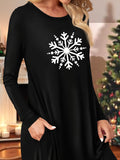 Women's Casual Long Sleeve Dress with Christmas Graphic Print & Pockets - Crew Neck, Mid-Length, Stretchy Polyester Blend for Fall/Winter, for Autumn