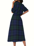 deanwangkt-1  Plaid Print Midi Dress, Elegant Crew Neck Half Sleeve Dress, Women's Clothing