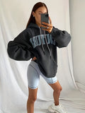 Letter Print Kangaroo Pocket Hoodie, Casual Long Sleeve Drawstring Hoodies Sweatshirt, Women's Clothing