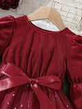 Girls' Gradient Mesh Christmas Velvet Stitching Lace-up Princess Dress For Autumn And Winter