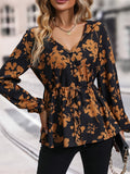 Floral Print V Neck Blouse, Casual Lantern Sleeve Tie-waist Button Decor Blouse, Women's Clothing