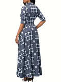 Plus Size Casual Dress, Women's Plus Geometric Print Button Up Long Sleeve Turn Down Collar Maxi Shirt Dress With Pockets