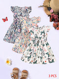 3pcs Little Princess Butterfly Floral Ruffle Trim Dresses - Adorable Belted Casual Summer Dresses for Girls - Polyester Non-Stretch Fabric, A-Line Fit, Perfect for Holiday Gift Party