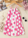 Girls Charming Polka Dot Summer Dress - Chic Thin Straps, Sleeveless, Vibrant Print, Regular Fit, Knee-Length - Ideal for Stylish Casual Outings