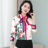 Women's Designer Floral Printed Shirt With Neck Bow Plus Size Elegant Long Sleeve Office Ladies Runway Silk Button Shirts Sweet Girl Chic Satin Blouses Red Tops