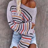 Striped Print Knit Sweater, Casual Drop Shoulder Long Sleeve Sweater, Women's Clothing