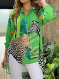 Plus Size Casual Blouse, Women's Plus Animal Print Colorblock Long Sleeve Lapel Collar Asymmetric Hem Shirt Top