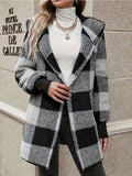 deanwangk Plaid Print Open Front Fuzzy Coat, Casual Long Sleeve Hooded Coat For Fall & Winter, Women's Clothing