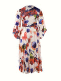 Plus Size Elegant Dress, Women's Plus Random Print Nipped Waist Bell Sleeve Round Neck Maxi Dress