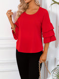 Solid Layered Flare Sleeve Blouse, Versatile Crew Neck Blouse For Spring & Fall, Women's Clothing