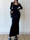 Square Neck Long Sleeve Slim Dress, Chic Solid Color Maxi Length Dress, Women's Clothing