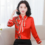 Women's Designer Floral Printed Shirt With Neck Bow Plus Size Elegant Long Sleeve Office Ladies Runway Silk Button Shirts Sweet Girl Chic Satin Blouses Red Tops