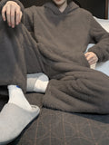 Men's Simple Style Solid Casual Pajamas Sets, Warm Flannel Lounge Wear, Long Sleeve Hoodies Pullover Top & Loose Pants