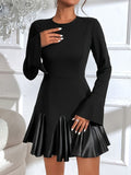 Faux Leather Panel Flare Sleeve Dress, Stylish Crew Neck A-line Dress, Women's Clothing