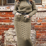 deanwangkt-1  Solid Cable Knit Sweater Dress, Casual Turtleneck Long Sleeve Pocket Front Dress, Women's Clothing